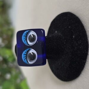 Retro Cobalt Blue Googly Eye with Lashes Statement Ring